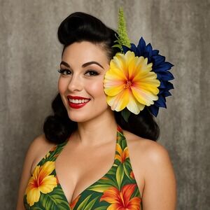 Handmade Tiki Oasis Hair Flower Clip Navy Dahlia Yellow Hibiscus Pinup Burlesque